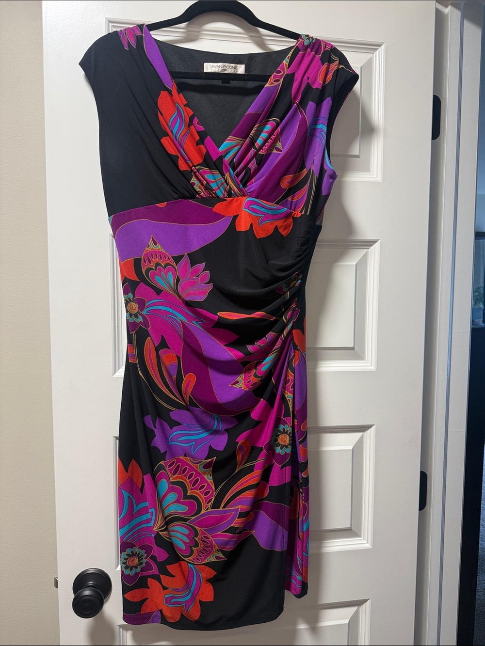 Evan Picone Black Midi Dress with Purple and Red Floral Print